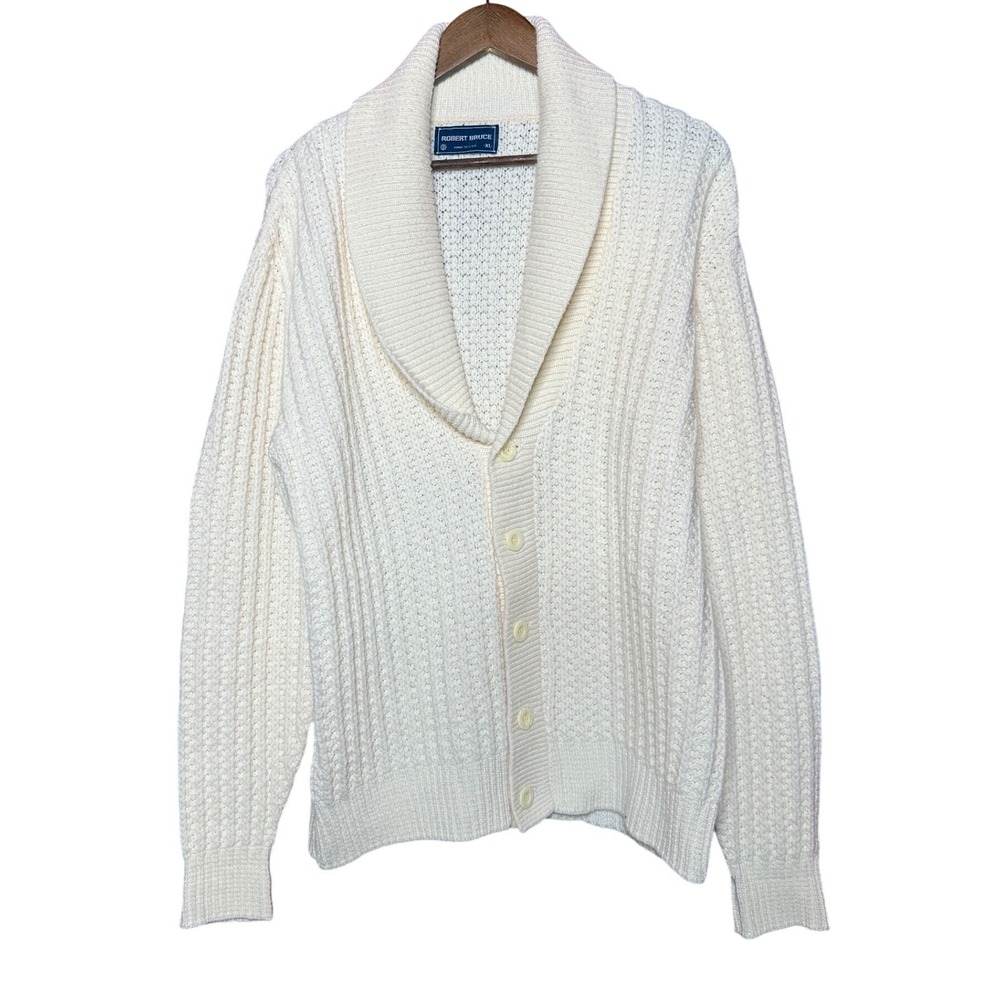 Robert Bruce Cardigan Men XL Cream Shawl Collar Ribbed Knit USA Made Collegiate